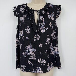 Rebecca Taylor Silk Blouse Shirt Womens 4 Black Purple Floral ruffle v neck  Bus